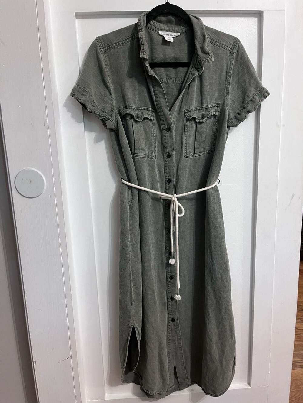 Lucky Brand Olive Green Utility Button Down Midi Shirt Dress Rope Belt Size M